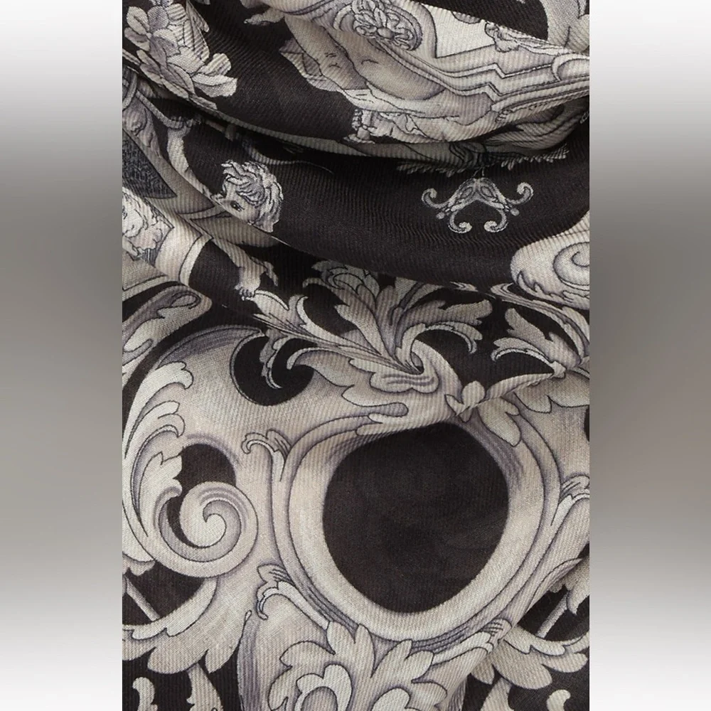 Versace Black & White Baroque Print Wool & Silk Scarf 52" square - Picture 2 of 6